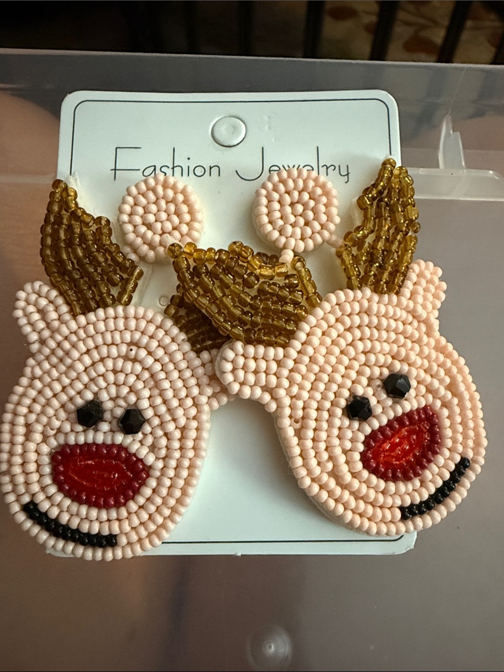 Beaded Reindeer Earrings with Gold Antlers women’s Christmas